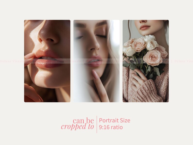 May include: Three close-up images of a woman's face. The first image shows the woman's lips with a soft pink lipstick. The second image shows the woman's eyes closed with a soft pink lipstick. The third image shows the woman holding a bouquet of pink roses.