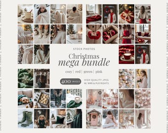 Christmas Stock Photo Mega Bundle Red Instagram Reels Digital Marketing Photo Soft Pink Faceless Holiday MRR PLR Images Green Cozy Christmas