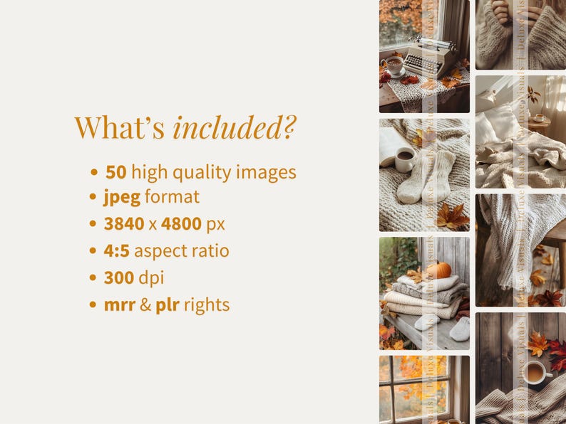 Puede incluir: Un collage de im&aacute;genes que muestra una colecci&oacute;n de 50 im&aacute;genes de alta calidad en formato jpeg. Las im&aacute;genes presentan una variedad de escenas oto&ntilde;ales, incluyendo mantas acogedoras, bebidas calientes y follaje oto&ntilde;al. Las im&aacute;genes son de 3840 x 4800 p&iacute;xeles, tienen una relaci&oacute;n de aspecto de 4:5 y una resoluci&oacute;n de 300 ppp. La colecci&oacute;n incluye tanto los derechos de reventa maestra (MRR) como los derechos de etiqueta privada (PLR).