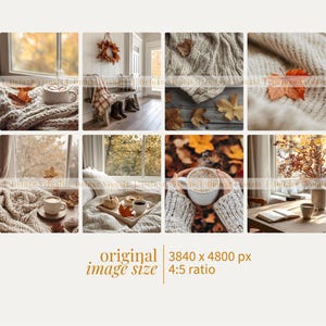 May include: A collage of cozy autumn scenes. Images include a window with a cup of coffee, a wreath, a bench with boots, and close-ups of leaves and knitwear. The overall theme is warm and inviting, with a focus on fall decor and comfort.