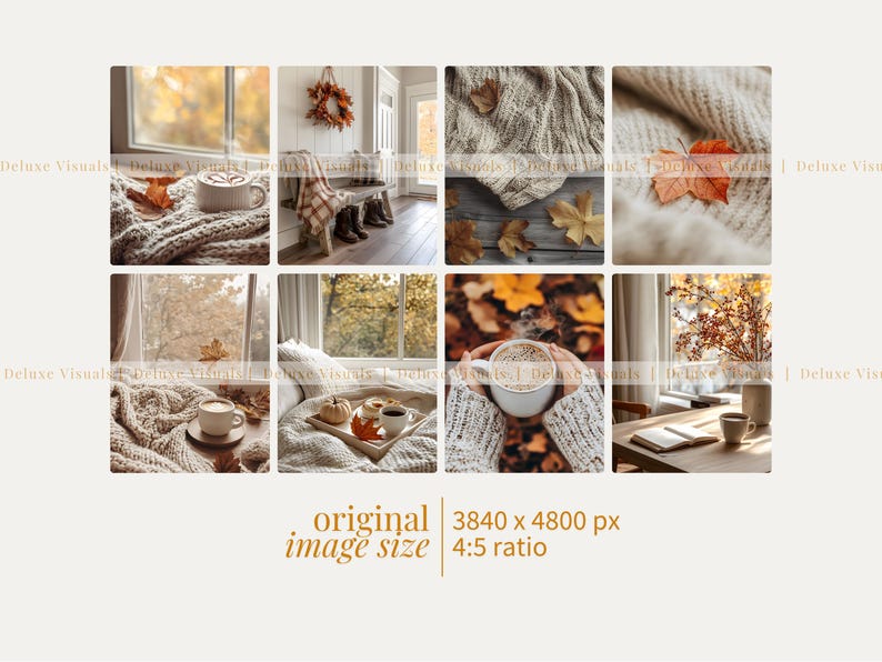 May include: A collage of cozy autumn scenes. Images include a window with a cup of coffee, a wreath, a bench with boots, and close-ups of leaves and knitwear. The overall theme is warm and inviting, with a focus on fall decor and comfort.