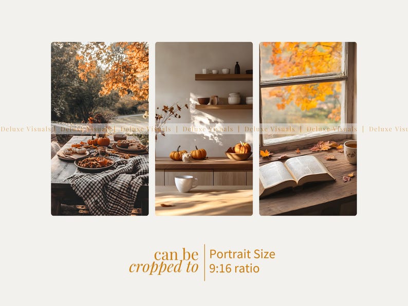 May include: A collage of three autumn-themed images. The left image shows a table set for a meal with pumpkins and food. The center image features pumpkins on a wooden surface. The right image shows an open book and a cup of tea by a window. Text: "can be cropped to Portrait Size 9:16 ratio."