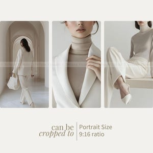May include: Three images showcasing different styles of women's clothing. The first image shows a woman wearing a white blazer and trousers in a hallway. The second image shows a woman wearing a white blazer with a beige turtleneck. The third image shows a woman wearing a white turtleneck and white trousers sitting on a bench.