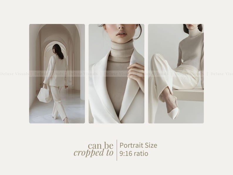 May include: Three images showcasing different styles of women's clothing. The first image shows a woman wearing a white blazer and trousers in a hallway. The second image shows a woman wearing a white blazer with a beige turtleneck. The third image shows a woman wearing a white turtleneck and white trousers sitting on a bench.