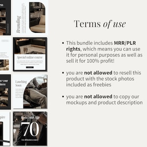 May include: A collage of nine Instagram post templates in a black and white colour scheme. The templates feature images of a man in a suit, a fireplace, and a bookshelf. The text on the templates includes "Small business", "Booking now open", "Grow your business", "Branding", "Special online course", "Launching soon", "Connect and inspire", and "Black Friday Sale 70".