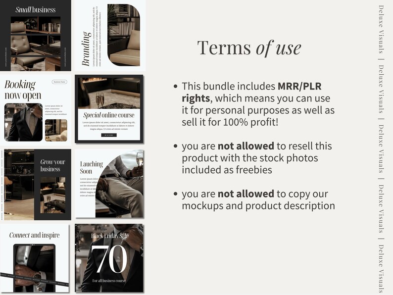 May include: A collage of nine Instagram post templates in a black and white colour scheme. The templates feature images of a man in a suit, a fireplace, and a bookshelf. The text on the templates includes "Small business", "Booking now open", "Grow your business", "Branding", "Special online course", "Launching soon", "Connect and inspire", and "Black Friday Sale 70".