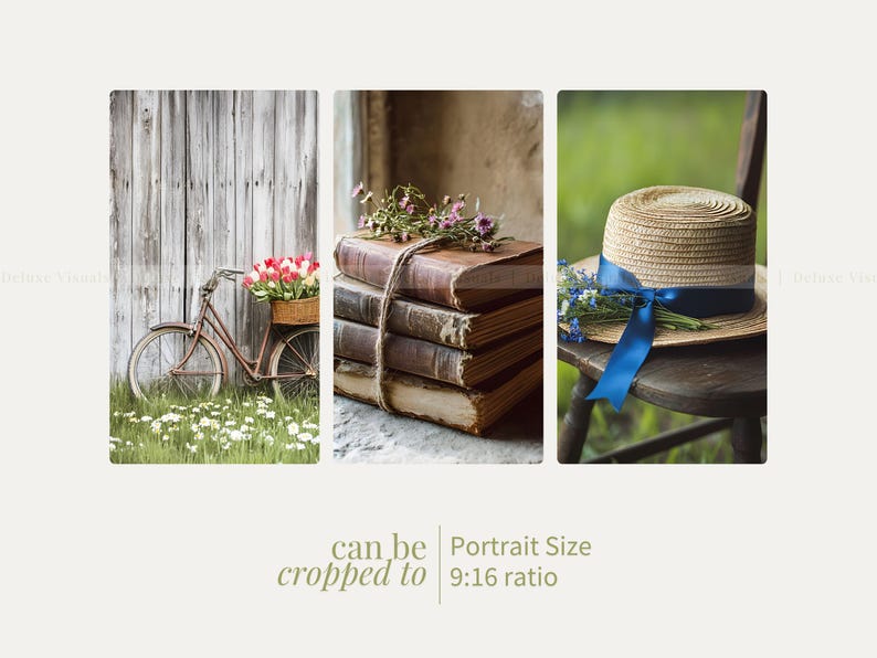 Op de afbeelding: Een vintage fiets met een mand vol rode bloemen staat voor een verweerde houten muur. In het midden ligt een stapel oude boeken met een bloemsliert erop. Een strohoed met een blauw lint zit op een houten stoel in de rechter afbeelding.