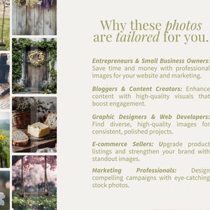 Op de afbeelding: Een collage van afbeeldingen die de voordelen laat zien van het gebruik van hoogwaardige stockfoto's voor verschillende doeleinden, zoals websiteontwerp, contentcreatie en marketing. De tekst benadrukt hoe deze foto's tijd en geld kunnen besparen, de betrokkenheid kunnen verhogen en een professionele uitstraling kunnen cre&euml;ren.