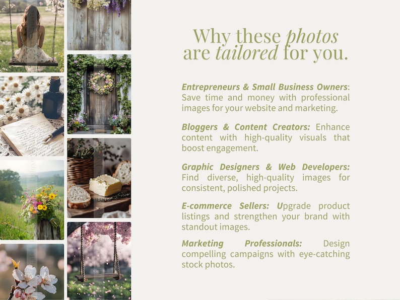 Op de afbeelding: Een collage van afbeeldingen die de voordelen laat zien van het gebruik van hoogwaardige stockfoto's voor verschillende doeleinden, zoals websiteontwerp, contentcreatie en marketing. De tekst benadrukt hoe deze foto's tijd en geld kunnen besparen, de betrokkenheid kunnen verhogen en een professionele uitstraling kunnen cre&euml;ren.