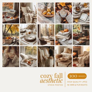 May include: A collage of 15 images with a cozy fall aesthetic. The images include a typewriter, a cup of coffee, a basket of fruit, and a fireplace. The text "cozy fall aesthetic" and "100 images" are also visible.