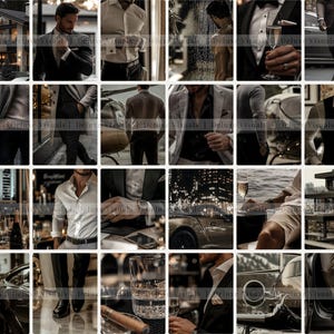 May include: A collage of images featuring a man in various settings, including a modern home, a helicopter, a car, and a cityscape. The man is wearing a variety of stylish outfits, including suits, shirts, and sweaters. The images are all in a dark and moody color palette.
