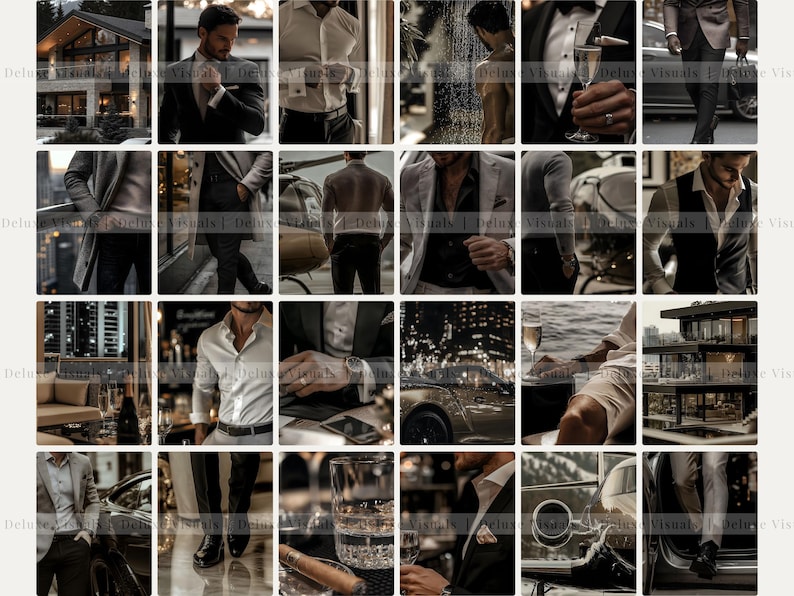 May include: A collage of images featuring a man in various settings, including a modern home, a helicopter, a car, and a cityscape. The man is wearing a variety of stylish outfits, including suits, shirts, and sweaters. The images are all in a dark and moody color palette.