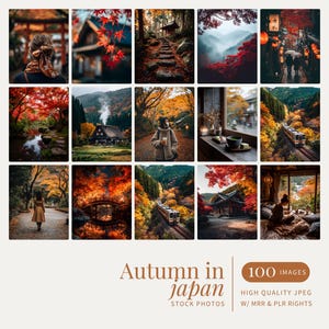 May include: A collection of 15 images showcasing autumn scenes in Japan. The images feature vibrant red and orange foliage, traditional architecture, and landscapes. Text on the image reads "Autumn in Japan" and "100 Images".