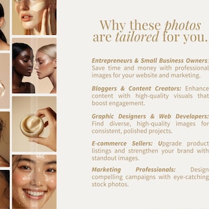 May include: A collage of images showcasing the benefits of using high-quality stock photos for various purposes, including entrepreneurs, bloggers, graphic designers, e-commerce sellers, and marketing professionals. The text highlights how these photos can save time, enhance content, and create compelling campaigns.