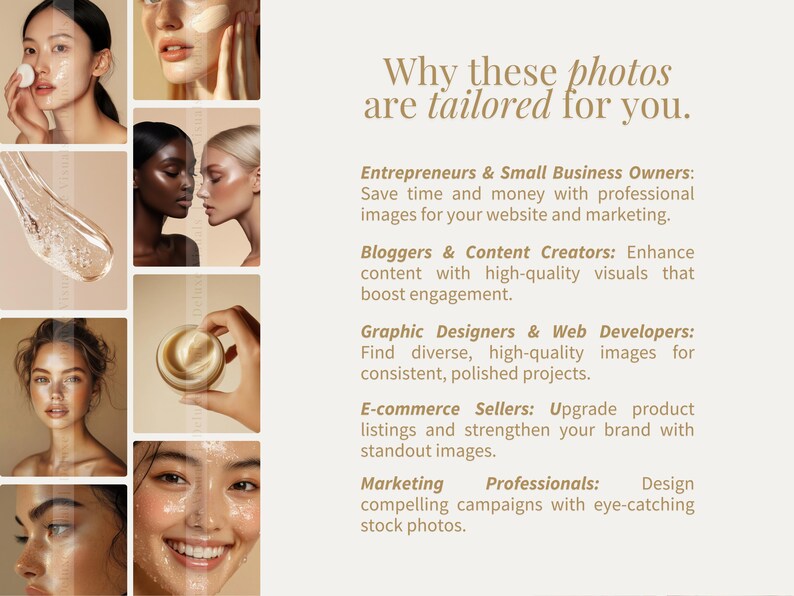 May include: A collage of images showcasing the benefits of using high-quality stock photos for various purposes, including entrepreneurs, bloggers, graphic designers, e-commerce sellers, and marketing professionals. The text highlights how these photos can save time, enhance content, and create compelling campaigns.