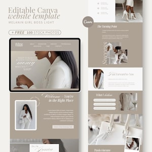 Puede incluir: Plantilla de sitio web editable de Canva con el texto "MELANIN GIRL BOSS LIGHT" y "+ FREE 100 STOCK PHOTOS". El diseño presenta a una mujer con una blazer blanca y un diseño de sitio web con varias secciones.
