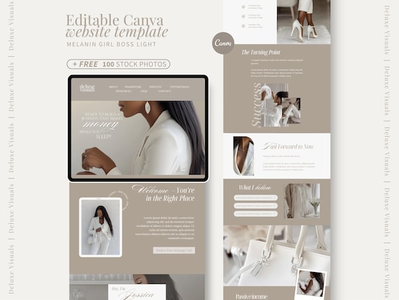 Canva Website Template for Coaches Melanin Light Coach Website Life Coach Modern Website Passive Income Stock Photo Minimalist Landing Page