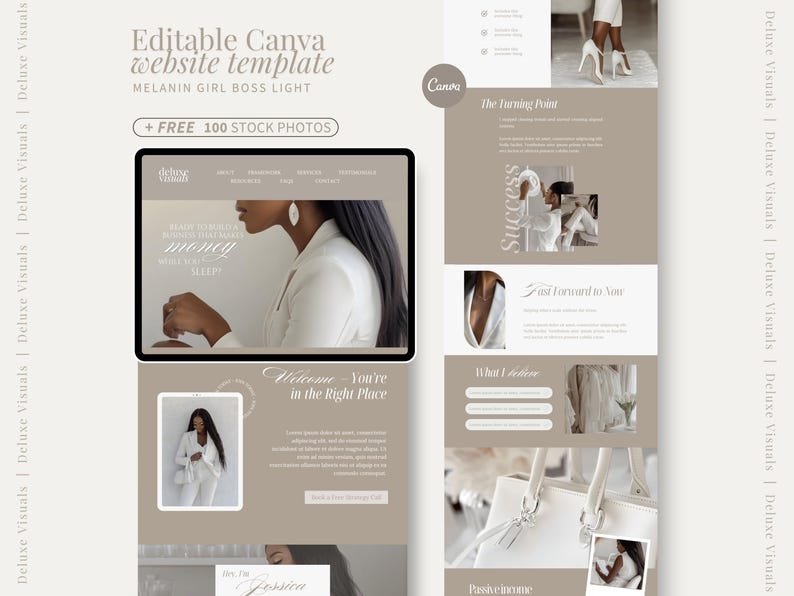 May include: A website template design with the text "Editable Canva website template MELANIN GIRL BOSS LIGHT" and "+ FREE 100 STOCK PHOTOS". The design features a woman in a white blazer and a website layout with various sections.