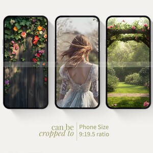 Op de afbeelding: Drie telefoon-scherm mockups met verschillende natuur-thema achtergronden. De eerste toont een houten hek met roze, rode en witte bloemen. De tweede toont een vrouw met lang bruin haar die een witte jurk draagt. De derde toont een groene boog die bedekt is met roze bloemen.