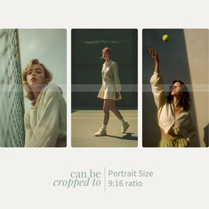 May include: A triptych of images featuring a woman in various poses. The first shows her leaning against a net, the second walking on a tennis court, and the third tossing a tennis ball. The images are in a 9:16 ratio.
