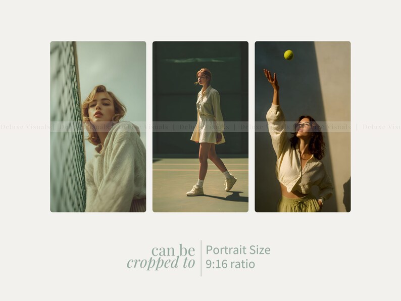 May include: A triptych of images featuring a woman in various poses. The first shows her leaning against a net, the second walking on a tennis court, and the third tossing a tennis ball. The images are in a 9:16 ratio.