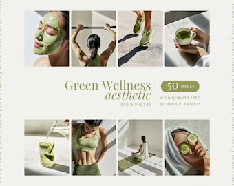 May include: A collection of 50 stock photos featuring a green wellness aesthetic. The images include a person wearing a green face mask, a person doing a pull-up, a person wearing green athletic wear, a person drinking green tea, a person wearing cucumber slices on their eyes, and a person meditating on a yoga mat.