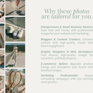 May include: A collage of tennis-themed images. The images include tennis rackets, tennis balls, tennis court, and people playing tennis. Text on the right side reads: "Why these photos are tailored for you."