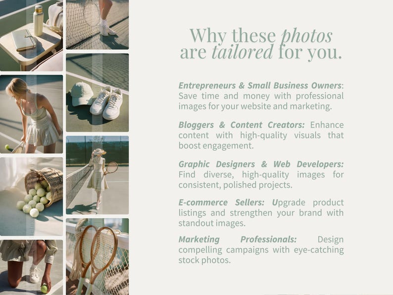 May include: A collage of tennis-themed images. The images include tennis rackets, tennis balls, tennis court, and people playing tennis. Text on the right side reads: "Why these photos are tailored for you."