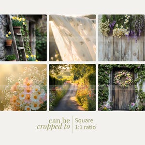 Op de afbeelding: Een collage van zes afbeeldingen met verschillende bloemstukken en rustieke omgevingen. De afbeeldingen tonen een houten ladder met gepotte gele bloemen, een wit transparant gordijn met bloemenpatronen, een houten hek met hangende lavendel en witte bloemen, een boeket witte en roze bloemen, een landweg omzoomd met wilde bloemen en een houten deur met een bloemenkrans.