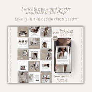 May include: A digital product mockup showcasing a grid of Instagram posts and stories in a neutral colour palette. The design includes the text "Instagram posts and stories" and "Light Melanin VI". A smartphone displays a sample post. The image also includes the text "+ FREE 100 STOCK PHOTOS WITH MRR AND PLR RIGHTS".