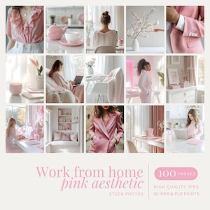May include: A collage of images featuring a pink aesthetic, showcasing a work from home theme. The images include a woman in a pink blazer, a pink teapot, a pink candle, and a woman working at a desk with a laptop.