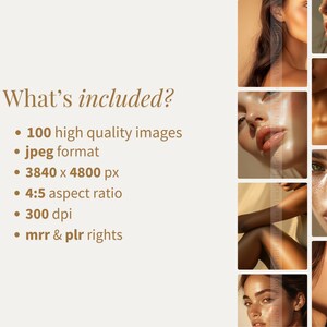 Pode incluir: Uma colagem de imagens de close-up de rostos de mulheres com diferentes tons de pele e sardas. O texto "What's included?" est&aacute; no topo da imagem. O texto abaixo lista os detalhes do produto: 100 imagens de alta qualidade, formato jpeg, 3840 x 4800 px, propor&ccedil;&atilde;o 4:5, 300 dpi, direitos mrr & plr.