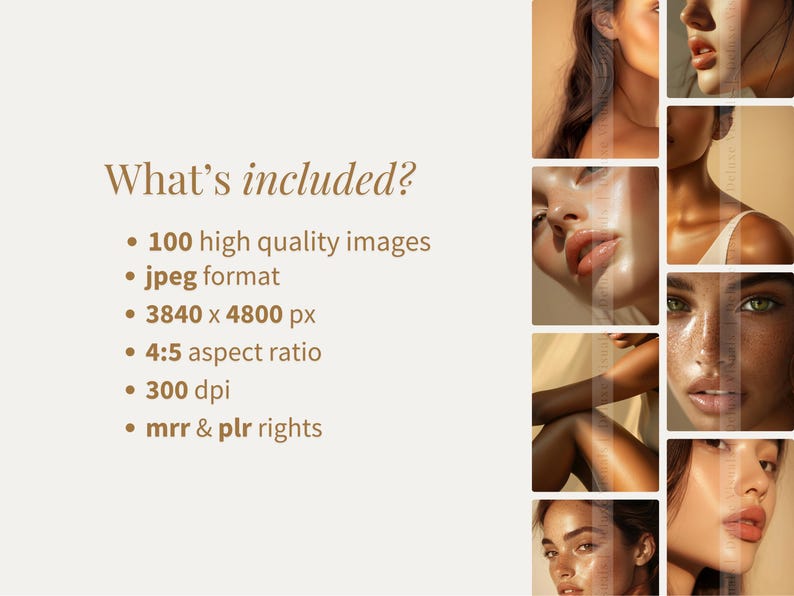 Pode incluir: Uma colagem de imagens de close-up de rostos de mulheres com diferentes tons de pele e sardas. O texto "What's included?" est&aacute; no topo da imagem. O texto abaixo lista os detalhes do produto: 100 imagens de alta qualidade, formato jpeg, 3840 x 4800 px, propor&ccedil;&atilde;o 4:5, 300 dpi, direitos mrr & plr.