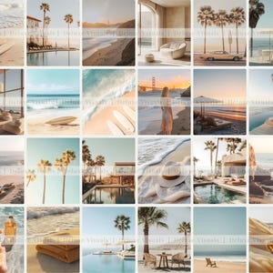 May include: A collage of 16 images featuring various beach scenes, including ocean waves, palm trees, sandy beaches, and a modern home. The images are arranged in a grid pattern and feature a consistent color palette of blue, white, and beige.