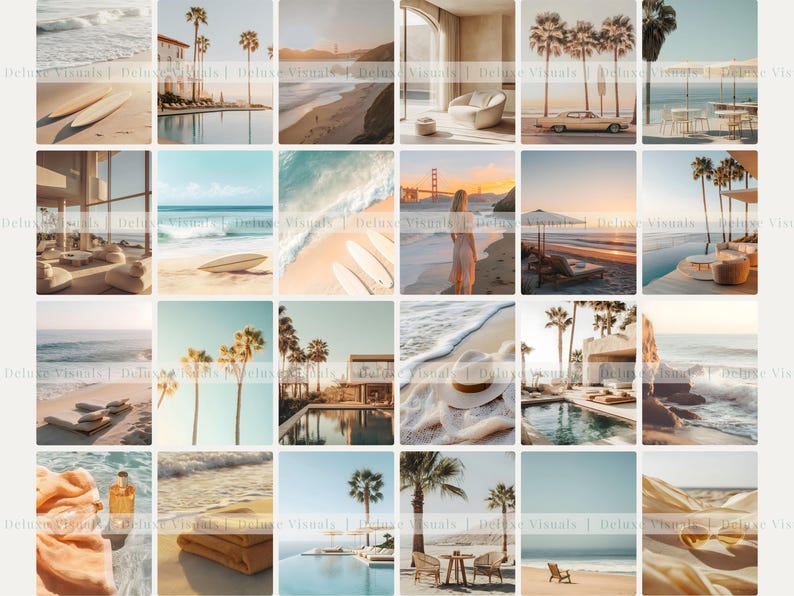 May include: A collage of 16 images featuring various beach scenes, including ocean waves, palm trees, sandy beaches, and a modern home. The images are arranged in a grid pattern and feature a consistent color palette of blue, white, and beige.