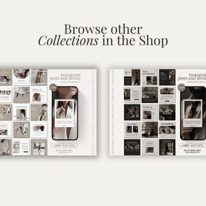 May include: Two sets of Instagram post and story templates. The first set features a light aesthetic with a woman in a white shirt. The second set features a dark aesthetic with a man in a black shirt. Both sets include the text "Instagram posts and stories".
