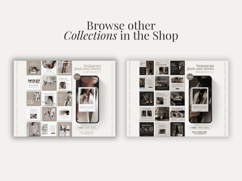 May include: Two sets of Instagram post and story templates. The first set features a light aesthetic with a woman in a white shirt. The second set features a dark aesthetic with a man in a black shirt. Both sets include the text "Instagram posts and stories".