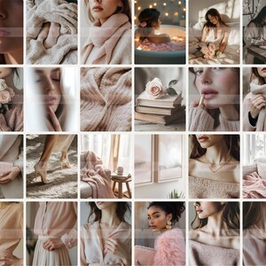 May include: A collage of images featuring various shades of pink and beige. The images include close-ups of faces, fabric textures, flowers, and interior design elements. The overall theme is soft, romantic, and feminine.