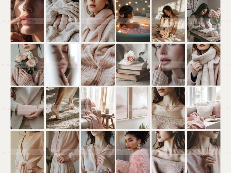 May include: A collage of images featuring various shades of pink and beige. The images include close-ups of faces, fabric textures, flowers, and interior design elements. The overall theme is soft, romantic, and feminine.