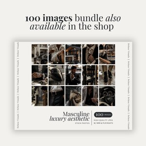 May include: A collage of 100 images featuring a masculine luxury aesthetic. The images are high quality JPEGs with commercial and private label rights. The images feature men in various settings, including urban environments, interiors, and outdoor scenes.