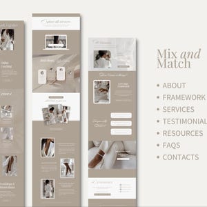 May include: A website design in neutral tones, showcasing digital marketing services. The design includes sections for services, testimonials, and resources. The text "Mix and Match" is displayed, alongside a list of topics.
