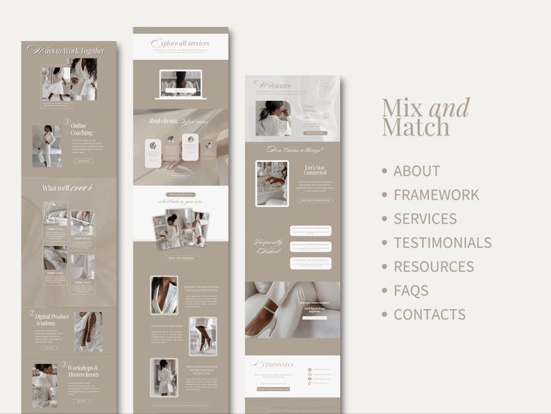 May include: A website design in neutral tones, showcasing digital marketing services. The design includes sections for services, testimonials, and resources. The text "Mix and Match" is displayed, alongside a list of topics.