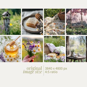 Op de afbeelding: Een collage van afbeeldingen met een vogelhuisje, honingraat, honing, wilde bloemen, een picknickdeken, een schommel en een tafel met theekopjes. De afbeeldingen zijn in een rasterpatroon gerangschikt.
