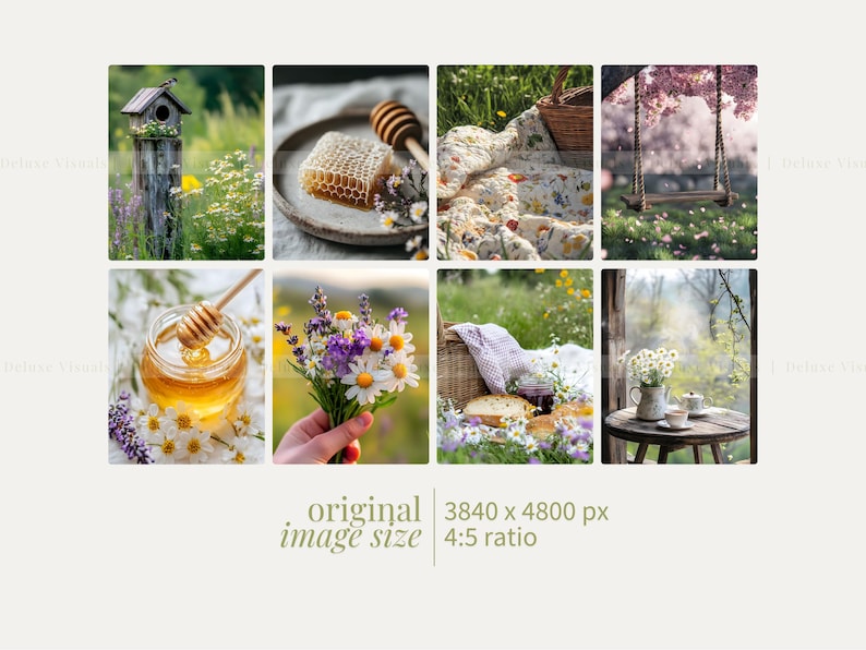Op de afbeelding: Een collage van afbeeldingen met een vogelhuisje, honingraat, honing, wilde bloemen, een picknickdeken, een schommel en een tafel met theekopjes. De afbeeldingen zijn in een rasterpatroon gerangschikt.