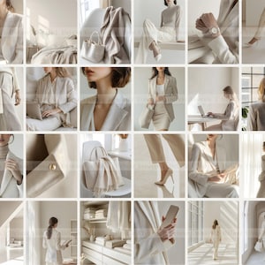 May include: A collage of images featuring a variety of fashion items in a neutral colour palette. The images include a white blazer, a white turtleneck sweater, a white tote bag, a white scarf, and a white dress.