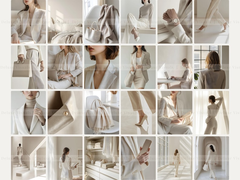 May include: A collage of images featuring a variety of fashion items in a neutral colour palette. The images include a white blazer, a white turtleneck sweater, a white tote bag, a white scarf, and a white dress.