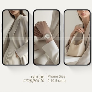 May include: Three images of a person wearing a white blazer and a white dress. The first image shows the person's face and shoulders. The second image shows the person's hand wearing a watch. The third image shows the person holding a white handbag.