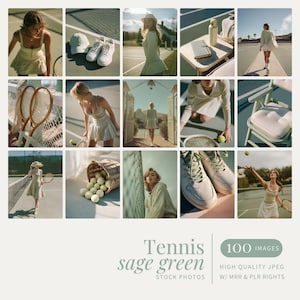 May include: A collage of images featuring tennis-themed stock photos in sage green. The images include tennis rackets, tennis balls, tennis shoes, and people wearing tennis attire. Text on the image reads "Tennis sage green stock photos" and "100 images".