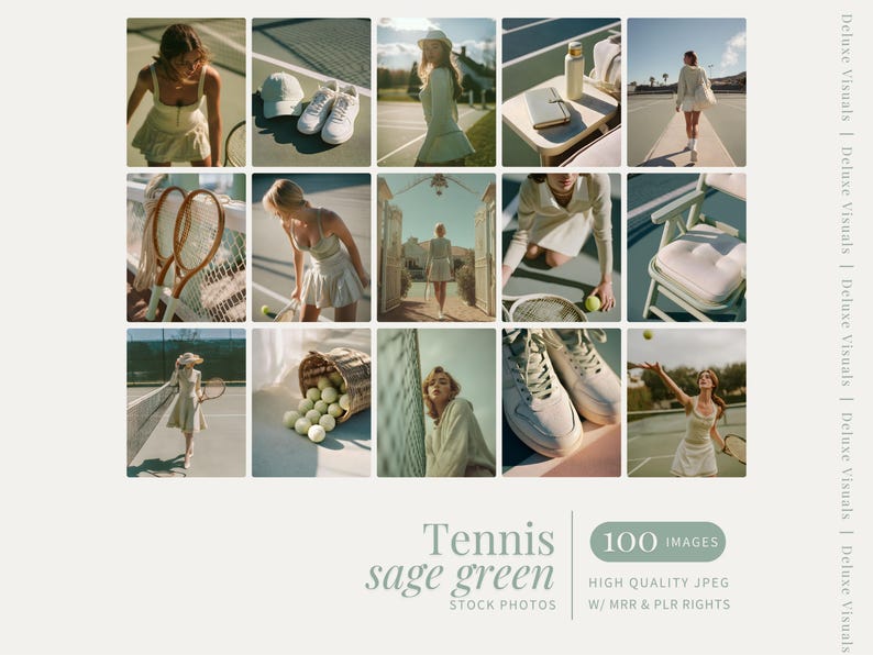 May include: A collage of images featuring tennis-themed stock photos in sage green. The images include tennis rackets, tennis balls, tennis shoes, and people wearing tennis attire. Text on the image reads "Tennis sage green stock photos" and "100 images".