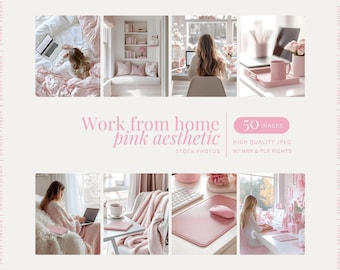 May include: A collection of 50 stock photos featuring a pink aesthetic work from home theme. The images show a woman working on a laptop in a pink and white room with a pink blanket, a pink desk with a laptop and a pink mouse pad, and a pink and white room with a pink blanket and a laptop.